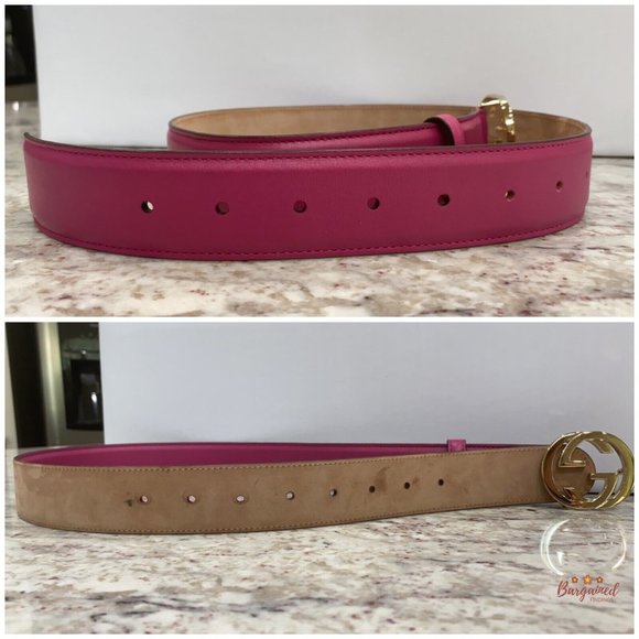 Authentic Gucci Hot Pink Calfskin Leather Gold Interlocking G Buckle Belt 80/32 - Picture 11 of 13